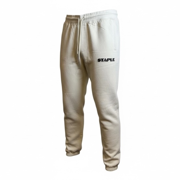 NWOT STAPLE Men’s Off White Fleece Joggers Embroidered Logo Sweatpants- Size XL
